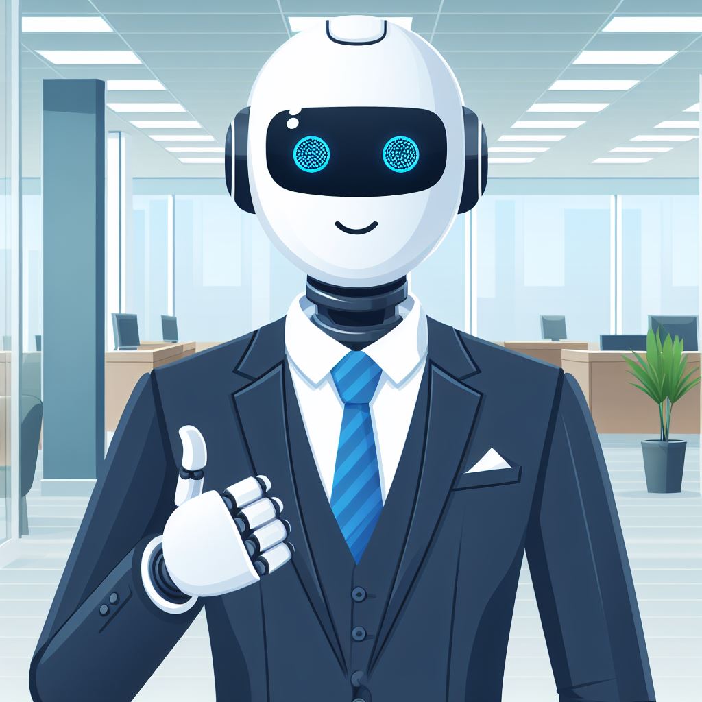 Androide con traje haciendo pulgar arriba, representando oportunidad para empresas con Inteligencia Artificial